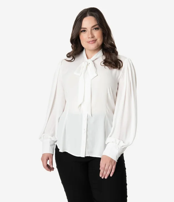 Unique Vintage Plus Size White Neck Tie Gwen Blouse - Size 2X/18