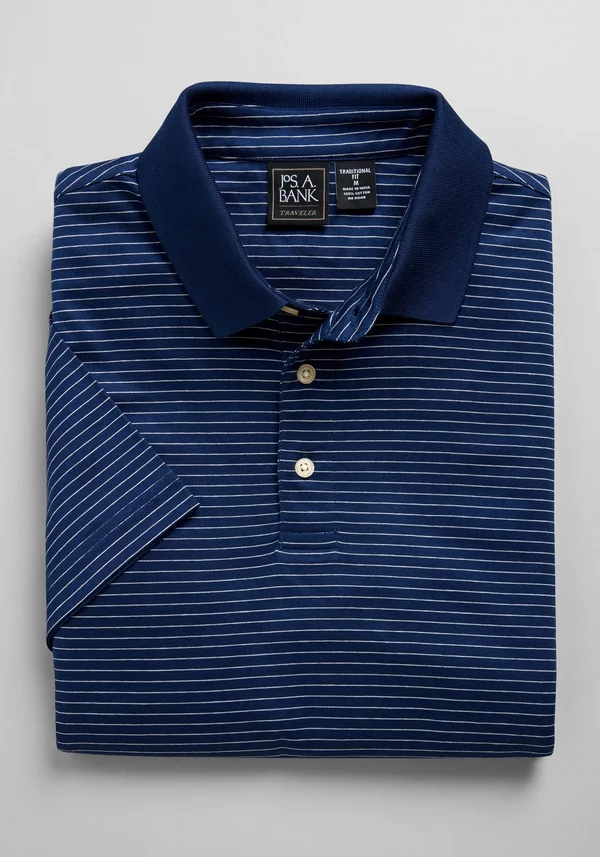 JoS. A. Bank Men's Traveler Collection Traditional Fit Stripe Short-Sleeve Polo Shirt - Navy, x Large