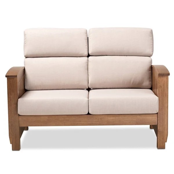 Baxton Studio Charlotte Modern Classic Mission Style Taupe Fabric Upholstered Walnut Brown Finished Wood 2-Seater Loveseat