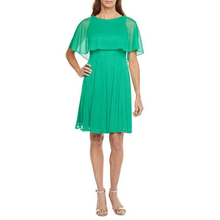 J Taylor Short Sleeve Cape Fit & Flare Dress - Glitter, 4, Green