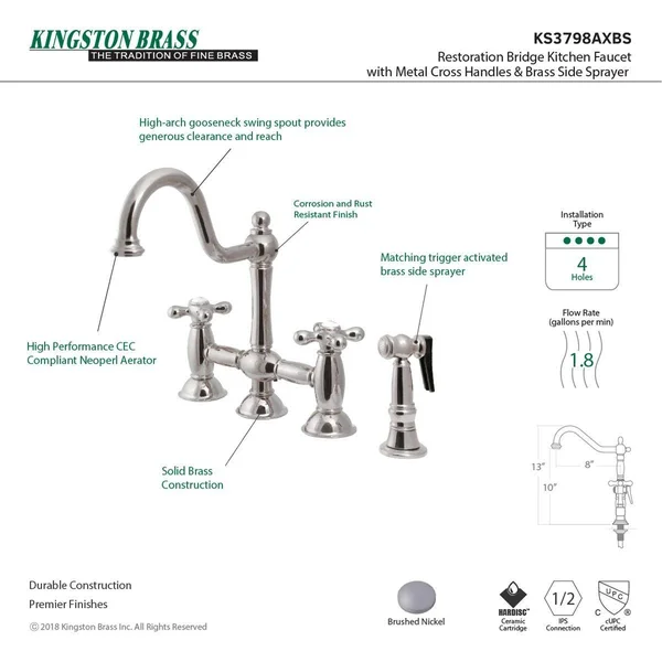 Kingston Brass KS3791AXBS Restoration Bridge Kitchen Faucet with Brass Sprayer - Polished Chrome