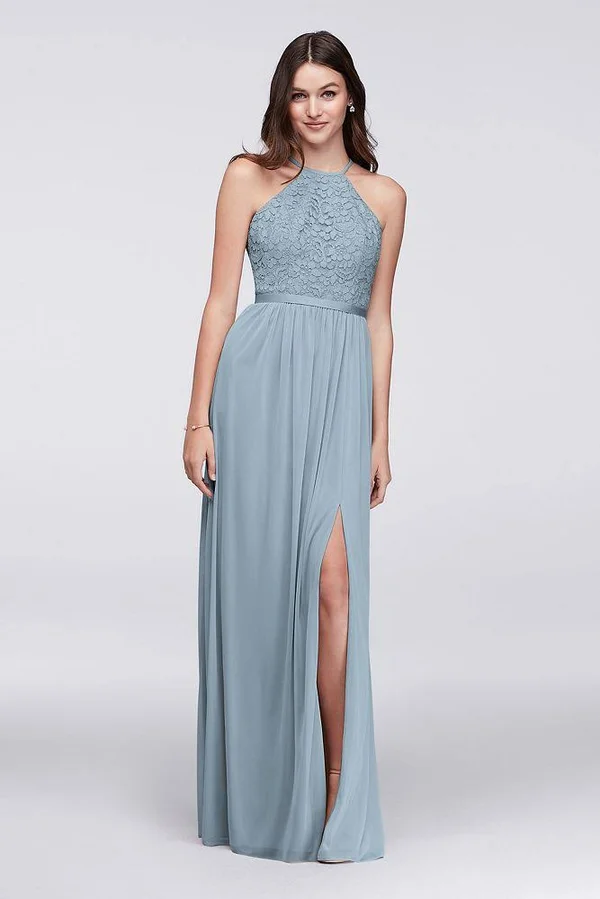 David&s Bridal Open-Back Lace and Mesh Bridesmaid Dress - Ice Blue, 20