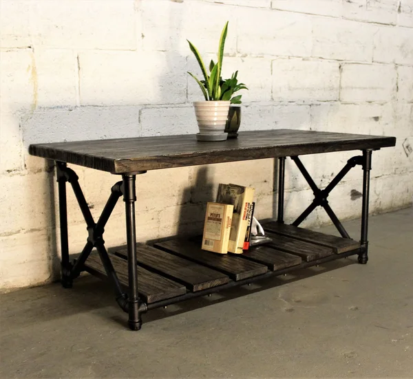 Furniture Pipeline Houston Industrial Chic Coffee Table, Black Steel with Dark Brown Stained Wood