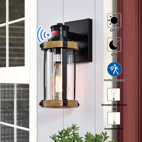 1-Light Motion Sensor Outdoor Wall Sconce (W5.5x22 x E6.5x22 x H12.5x22 - Black and Woodgrain Finish)