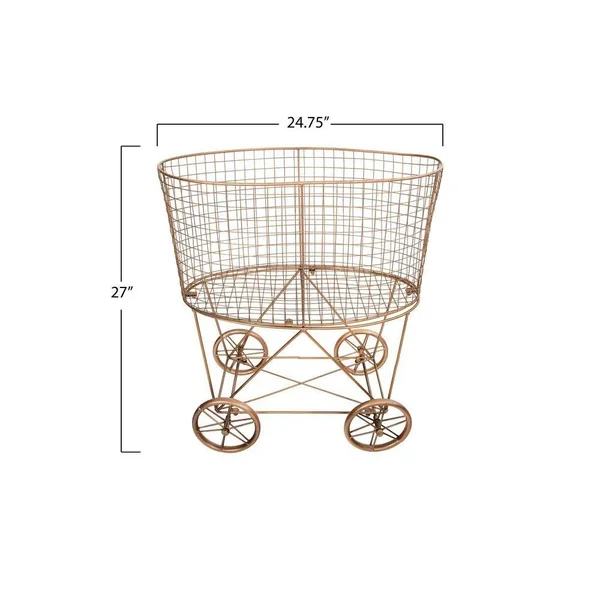 Creative Co-op Vintage Metal Laundry Basket with Wheels, Copper