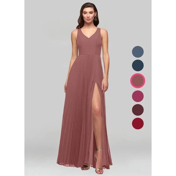 Azazie A-Line/Princess V-Neck Floor-Length Chiffon Bridesmaid Dresses - Desert Rose