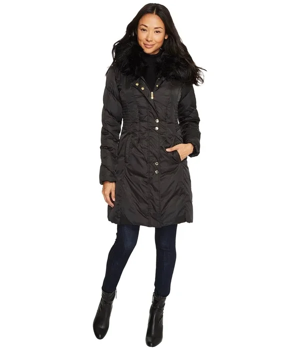 Via Spiga Womens Winter Faux Fur Parka Coat, Black