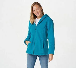 Denim & Co. Zip Front Fleece Jacket w/ Hood and Sherpa Lining - Size 2X, Rich Teal