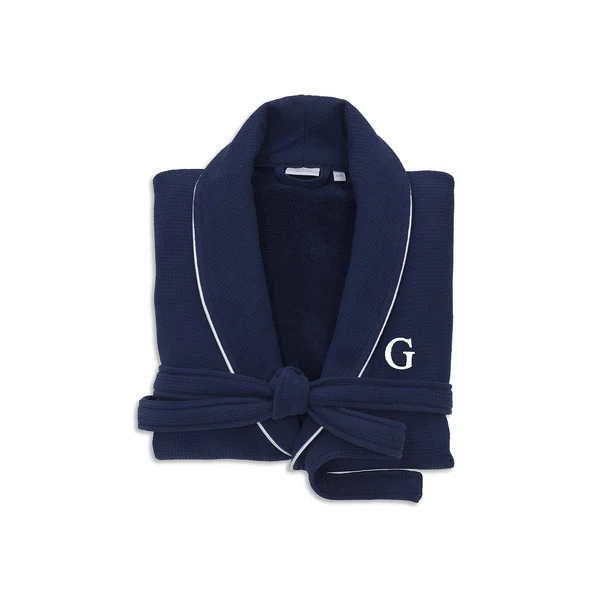 Linum Home Textiles Hotel Turkish Cotton Waffle Terry Bathrobe with Satin Piped Trim - Personalized - Navy - Blue
