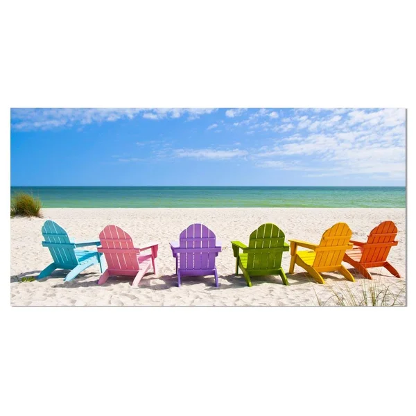 Designart &Adirondack Beach Chairs & Seashore Photo Canvas Art Print - Size: 40 inch x 20 inch, Blue