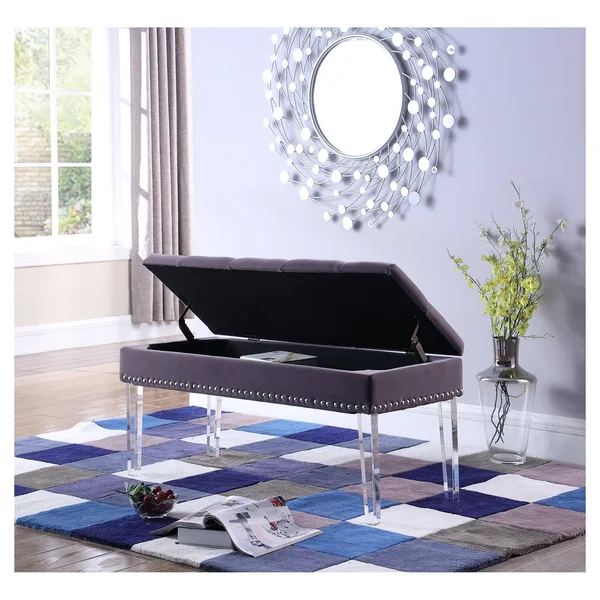 Ore International 18x22 Brown Tufted Mid-Century Storage Bench Nailhead Trim w/ Acrylic Clear Legs