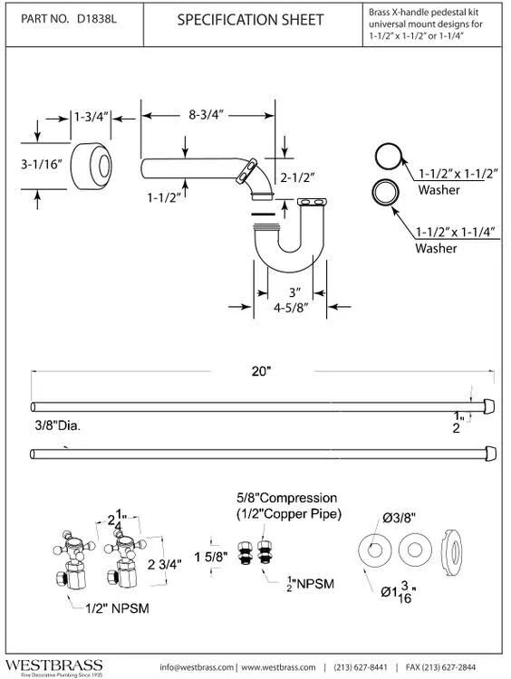 Westbrass d1838l-12 Traditional Pedestal Lavatory Kit - Cross Handles - Oil Rubbed Bronze