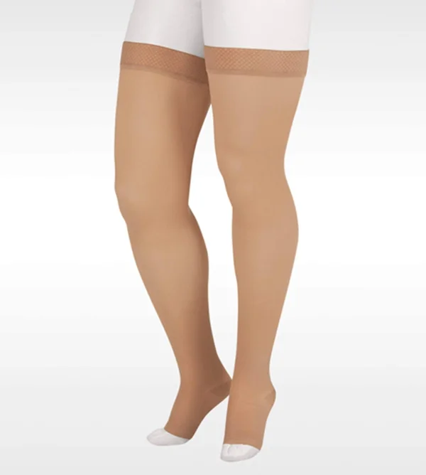 Juzo Soft 15-20 mmHg Open Toe Thigh High w/ Silicone Top Band - V, Short, Beige