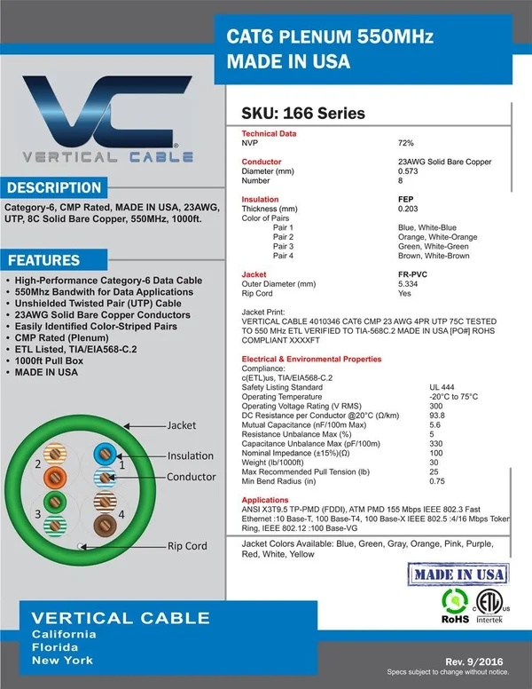 Vertical Cable Cat6, 550 MHz, UTP, 23AWG, 8C Solid Bare Copper, Plenum, 1000ft, Yellow, Bulk Ethernet Cable - Made in USA