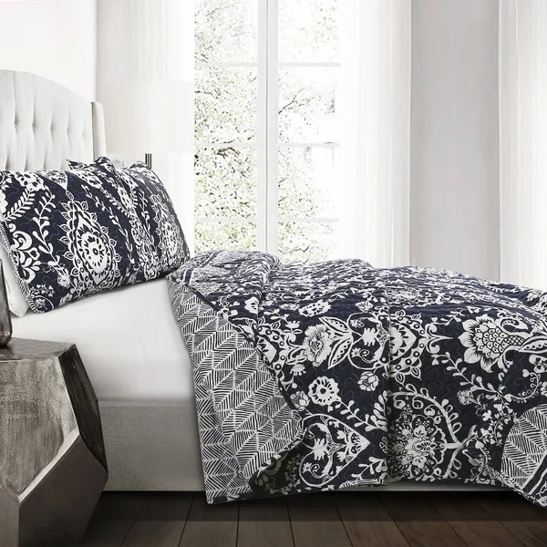 Lush Decor Rosetta Floral Quilt Set Navy Full/Queen