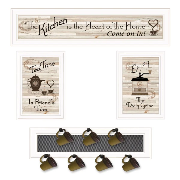 Kitchen Collection IV 4-Piece Vignette with 1-(7Pegs) Mug Rack - White Frame