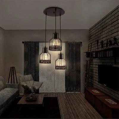 Vintage Industrial Metal Cage Pendant Lights 3-Lights Rustic Hanging Light Fixtures for Kitchen Dining Room Bar 17 Stories