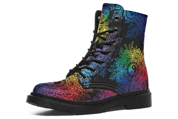 Colorful Yin Yang Boots, Black Mandala Vegan Boots, YesWeVibe Men's Boots, Black Sole, US 12, EU46