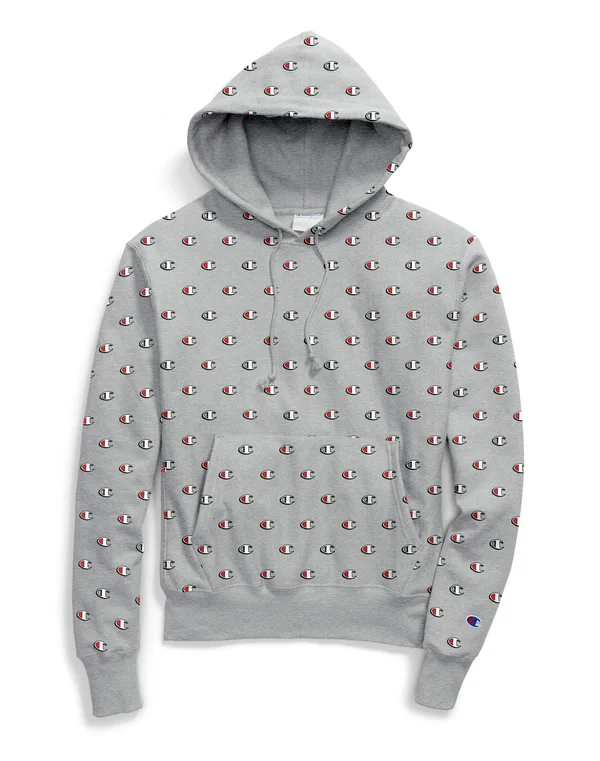 Champion S2974 Life Men's REVERSE Weave Pullover Hoodie - All Over Logo - Scribble Logo Oxford Grey - XL