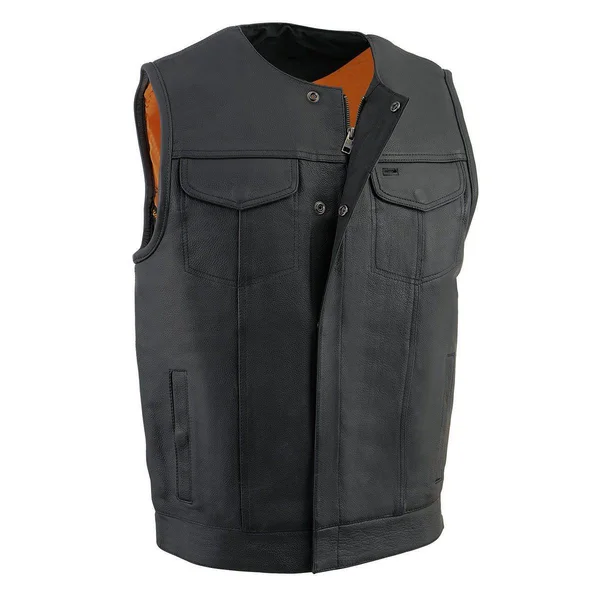 Milwaukee Leather Mlm3511 Men's Black Collarless Snap and Zipper Club Leather Vest - Black, Large