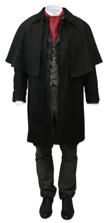 Coburn Great Coat - Black Wool Vintage Mens Black Wool/Velvet Point Collar Knee Length Cloak (Size 48), Romantic, Old Fashione