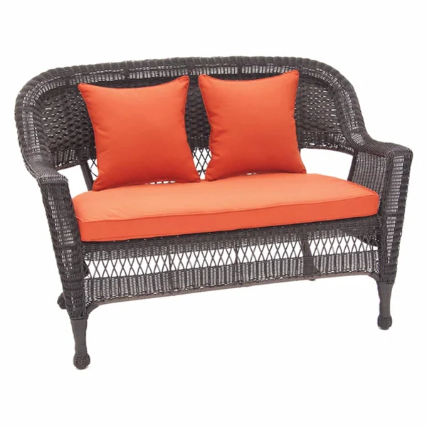 Jeco W00205-L-FS018-CL Honey Wicker Patio Love Seat with Brick Red Cushion and Pillows