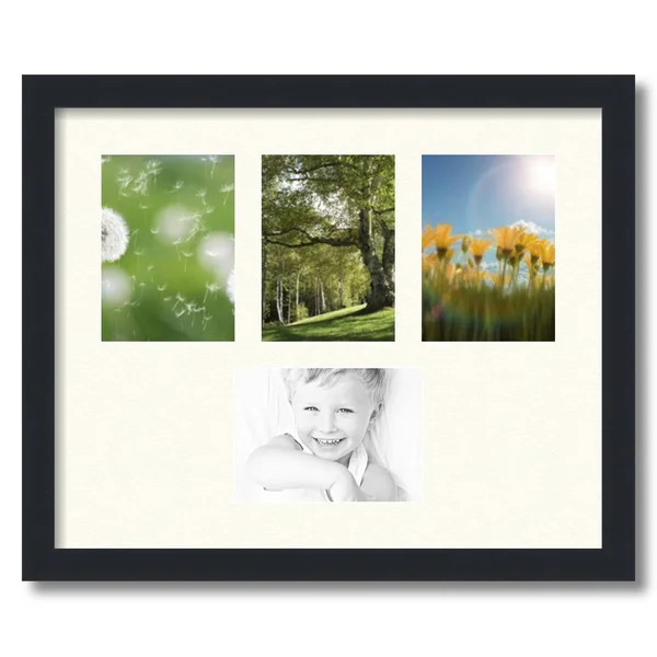 Collage Picture Frame, Satin Black Frame with 4 openings for 5x7 Photos with Ivory Chantilly Mat. D3926EN149, ArtToFrames