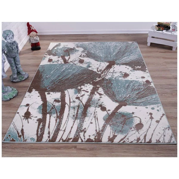 Ladole Rugs Boliviya Collection Floral Pattern Poppy Abstract Area Rug Carpet in Blue-Cream - 5x8 (5&3x22 x 7&6