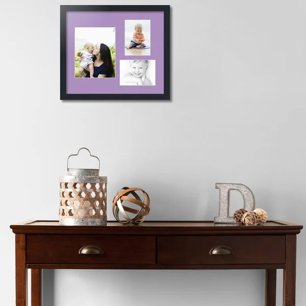 Collage Picture Frame, Satin Black Frame with 3 openings for 8x10 Photos with Pink Lavender Mist Mat. D3926FU225, ArtToFrames