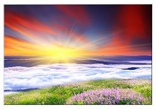 Design Art Sunrise with Blooming Flowers - Landscape Art Canvas Print - Red - 40 in. Wide x 20 in. High