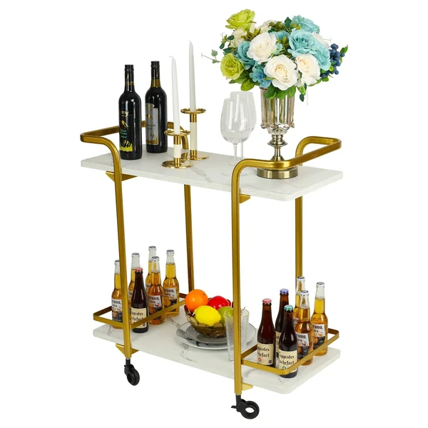 2 Tier Bar Cart with Black Wheels - Golden
