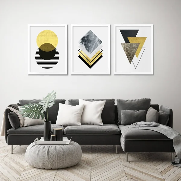 Americanflat Triptych Wall Art Minimalist Geo by Monica Pop - Set of 3 Black Framed Prints - Size: 22 x 28, Gold