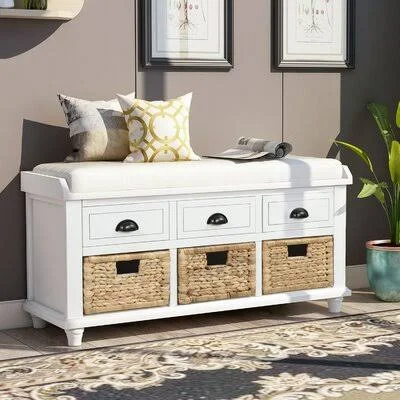 Rustic Storage Bench with 3 Drawers and 3 Rattan Baskets - Shoe Bench with Removable Cushion for Living Room, Entryway August Gro