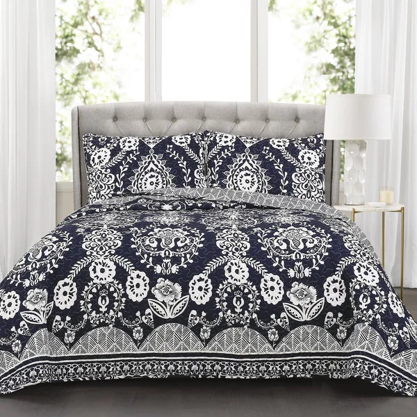 Lush Decor Rosetta Floral Quilt Set Navy Full/Queen