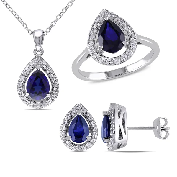 Miadora Sterling Silver Created Blue and White Sapphire Teardrop Jewelry Set 6