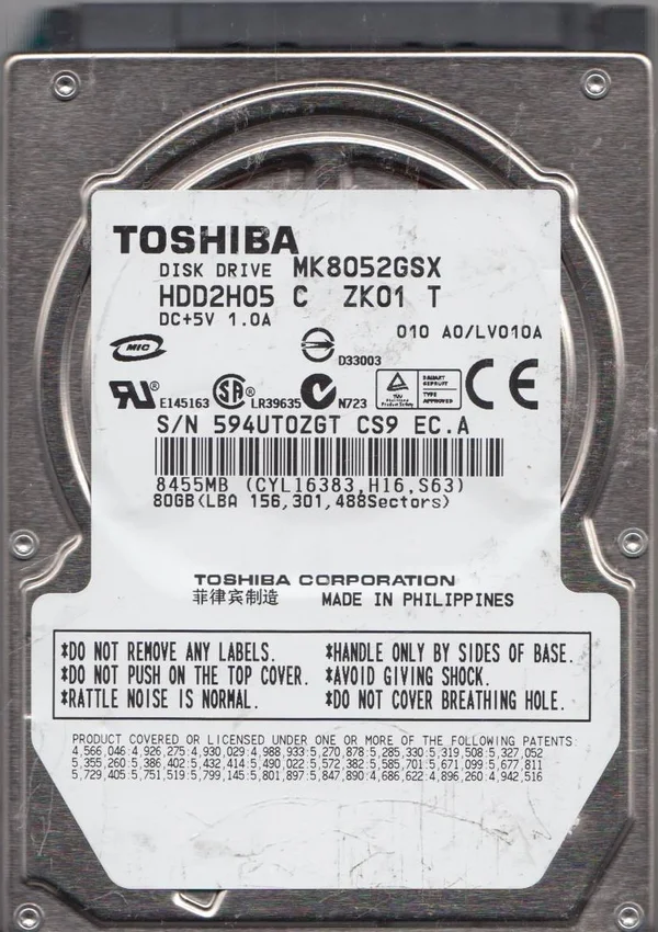 MK8052GSX, A0/LV010A, HDD2H05 C ZK01 T, Toshiba 80GB SATA 2.5 Hard Drive
