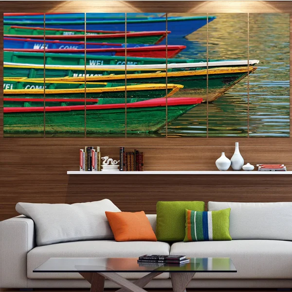 Design Art 'Color Boats on Phewa Lake Nepal' 6 Piece Photographic Print Set on Canvas - Green
