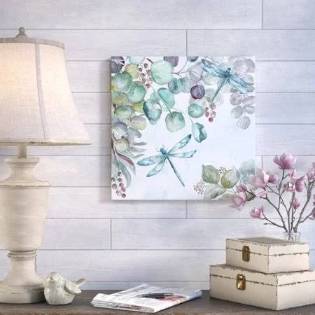 August Grove &Eucalyptus and Dragonfly& Watercolor Painting Print on Wrapped Canvas, Size: 30 inch x 30 inch, Blue