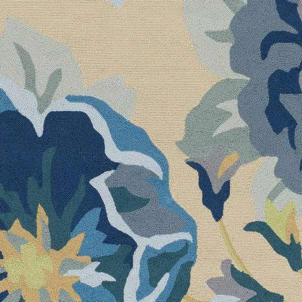 Modern BHS-0057099 Hooked Poly Blue Outdoor Floral Door Mat, 3' x 5'