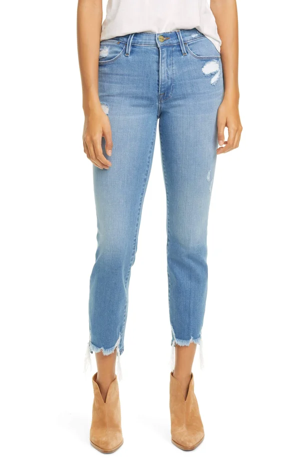 Women's Frame Le High Ripped Straight Leg Jeans, Size 23 - Blue