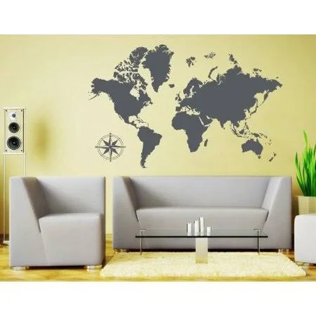 Detailed World Map Wall Decal - Educational Wall Decal, Map Sticker, Vinyl Wall Art, Geography Decor - 3712 - Yellow, 47in x 30i