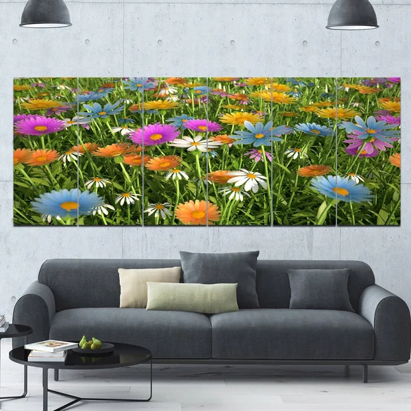 Design Art &Different Color Flowers in Field& Photographic Print Multi-Piece Image on Canvas - Size: 83 in. Wide x 32 in. High
