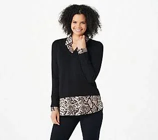 Belle by Kim Gravel Layered FeatherKnit Sweater & Woven Combo - Size X-Large, Black/Snake