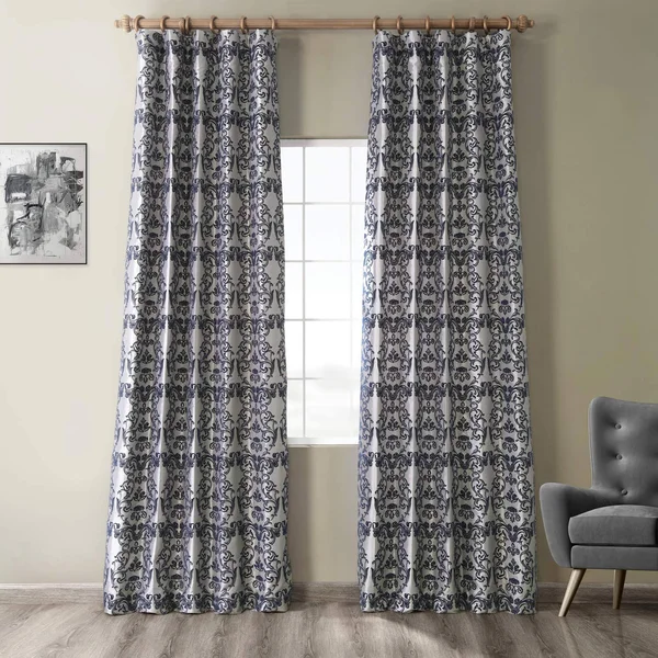 Exclusive Fabrics Firenze Silver & Blue Flocked Faux Silk Curtain, 84 Inches