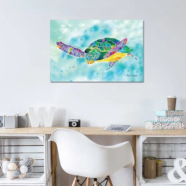 iCanvas Sea Turtle Green Coastal Art by Jo Lynch Canvas Art Wall Decor ( Animal Art > reptiles & amphibians > Turtle