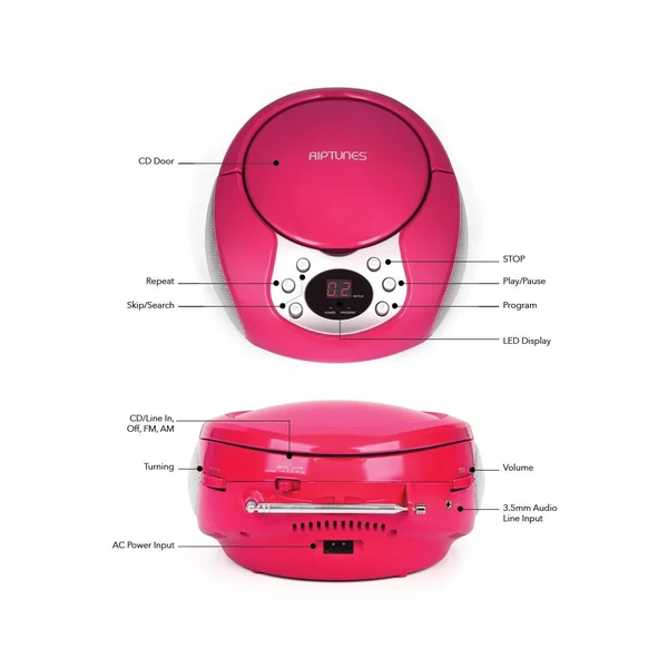 Riptunes CD Boombox w/ AM/FM Radio, Pink