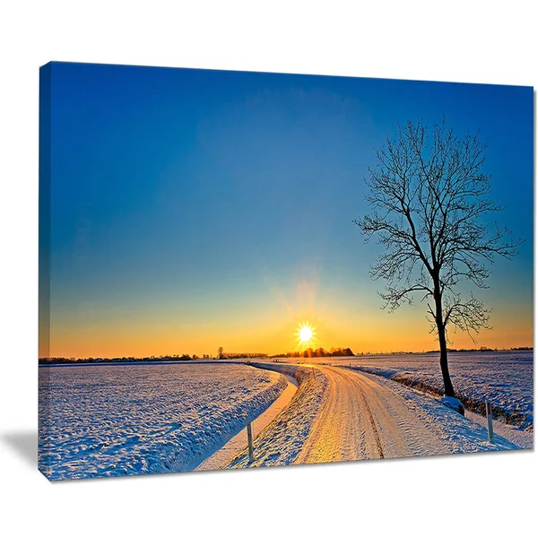 Design Art Distant Sunset in Winter - Landscape Photography Canvas Print - Yellow - 60 in. Wide x 32 in. High - 5 Panels Diamond