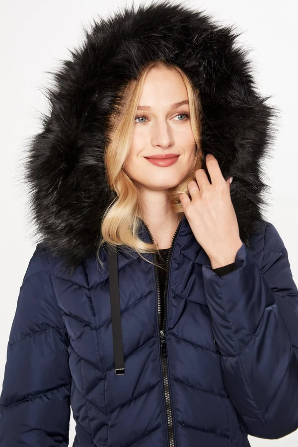 Tahari Gwen Womens Faux Fur Trim Midi Down Coat, Galaxy