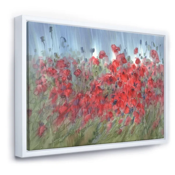 Designart 'Red Poppies in The Rain' Farmhouse Framed Canvas Wall Art Print - 32 in. Wide x 24 in. High - White