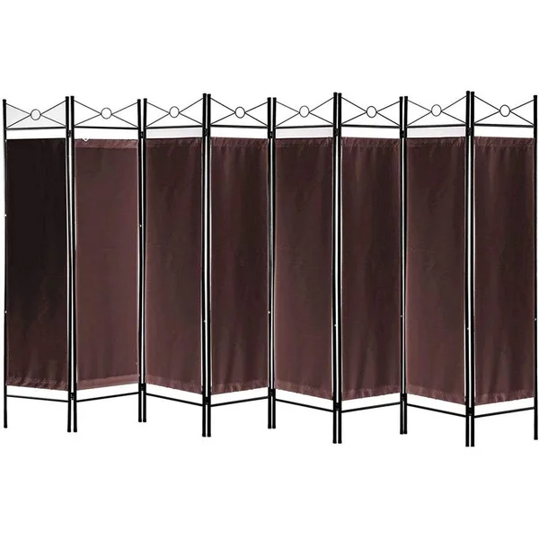 Legacy Decor 8 Panel Metal and Woven Fabric Room Divider with Two Way Hinges Brown Color